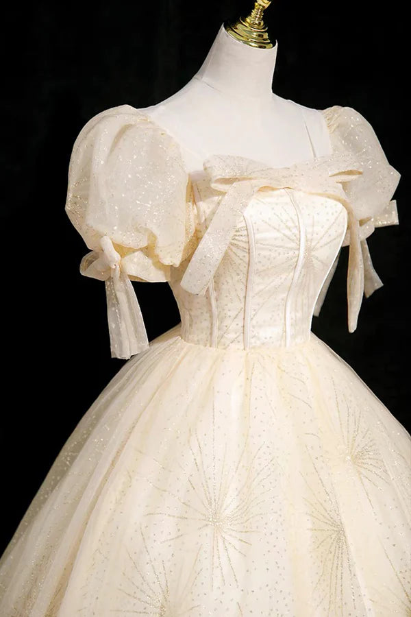 Wholesale Champagne Tulle Short Sleeve Floor Length Prom Dress Beautiful A-Line Evening Party Dress